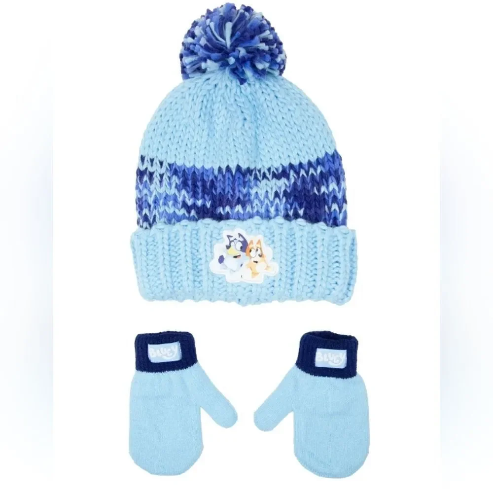 Bluey & Bingo Knit Toddler Beanie & Mittens Set 2T-5T Light Blue New w/ Tags